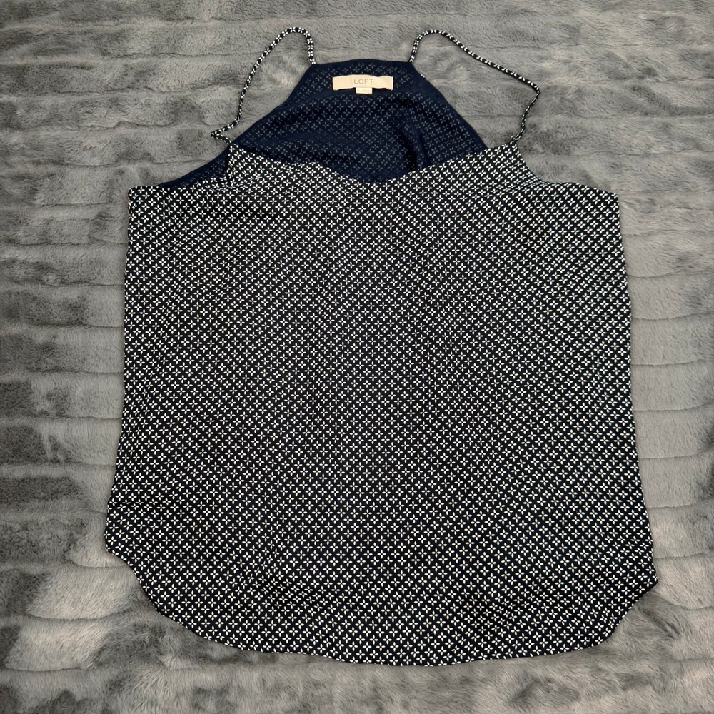 LOFT Navy Blue White Geometric Print Halter Cami Spaghetti Strap Tank Top Large